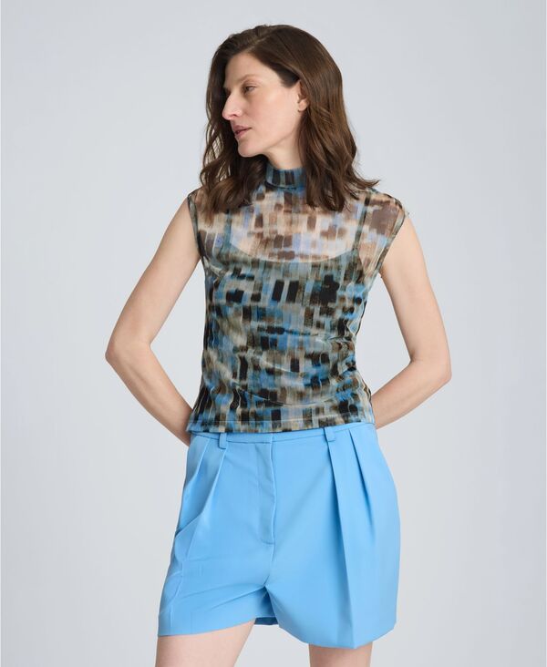 ケネスコール レディース トップス シャツ モックネック プリント メッシュ Kenneth Cole Women's Printed Mesh Mock Neck with interior Cami Lake Blue Multi ブルー｜ReVida 店