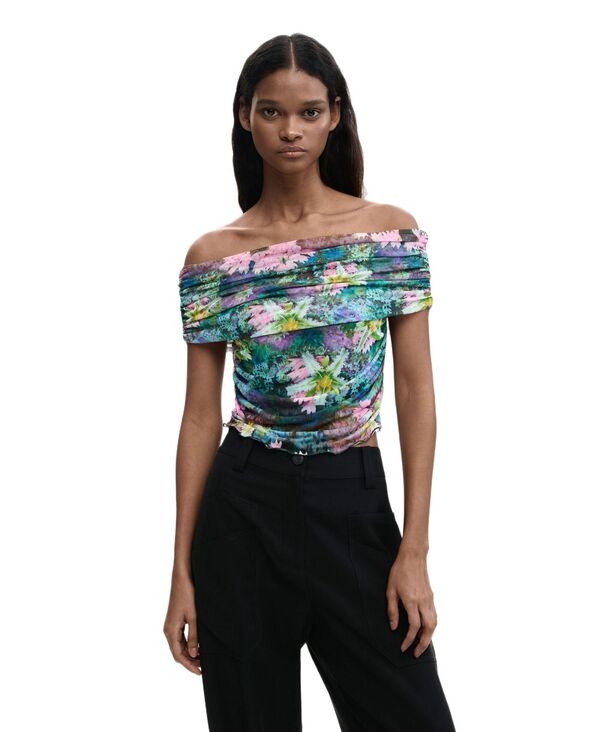 デジグアル レディース トップス Tシャツ フラワー柄 フラワー Desigual Women's Floral boat neck t-shirt Green グリーン｜ReVida 店