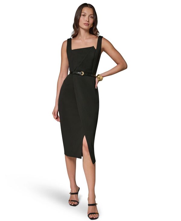 ダナ キャラン ニューヨーク レディース トップス ワンピース アシンメトリー ミディ ノースリーブ Donna Karanew York Women'sleeveless Asymmetrical Neck Midi Sheath Dress with Belt Black (Black) ブラック|ReVida 店