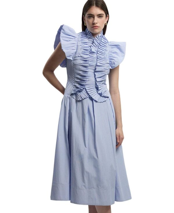 カレンミレン レディース トップス ワンピース ハイネック プリーツ フリル ミディ Karen Millen Women's High Neck Pleated Ruffle Midi Dresstripe ストライプ|ReVida 店
