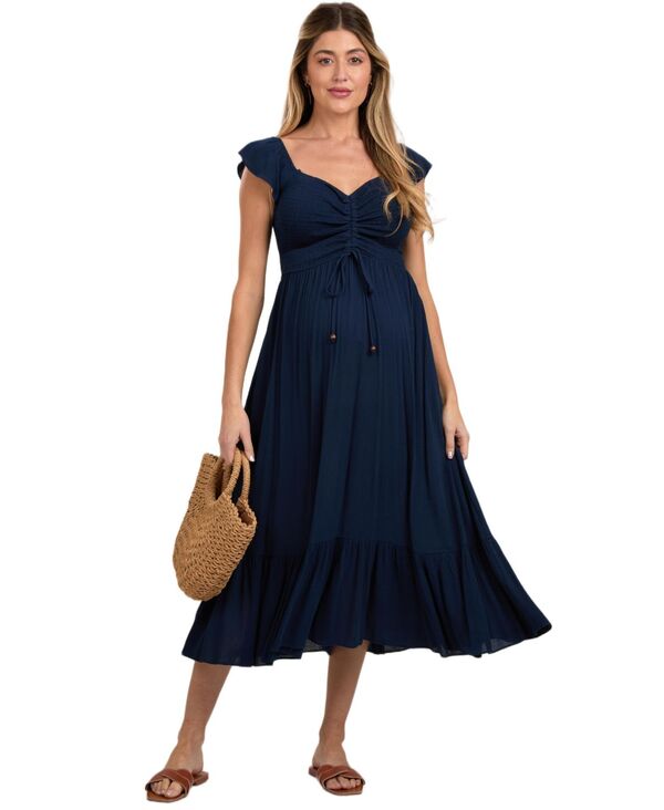 ピンクブラッシュ レディース トップス ワンピース フリル裾 ギャザー フリル シャーリング マキシ Pinkblush Women'smocked Ruched Ruffle Hemaxi Dress Navy blue ネイビー｜ReVida 店