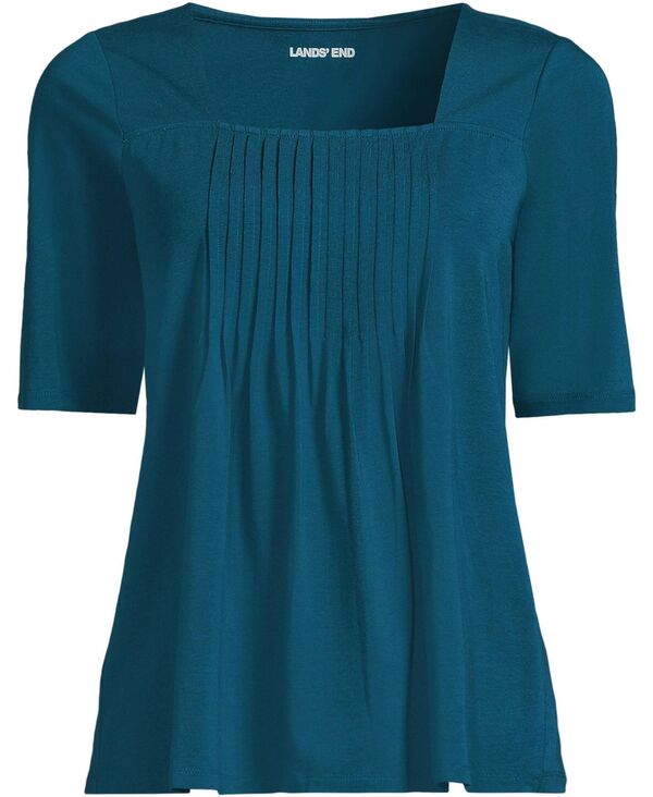 ランズエンド レディース トップス シャツ ジャージー Lands' End Women's Elbow Sleeve Lightweight Jersey Pintuck Square Neck Top Baltic teal ティール｜ReVida 店