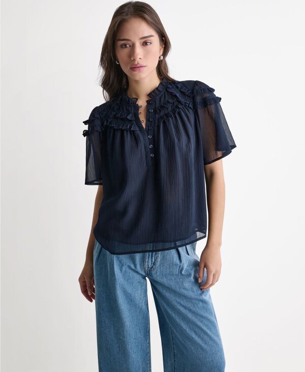 ビーシビージー レディース トップス シャツ クルーネック フリル 半袖 BCBG Women's Crewneck Short-Sleeve Ruffle Top Deep Sea|ReVida 店