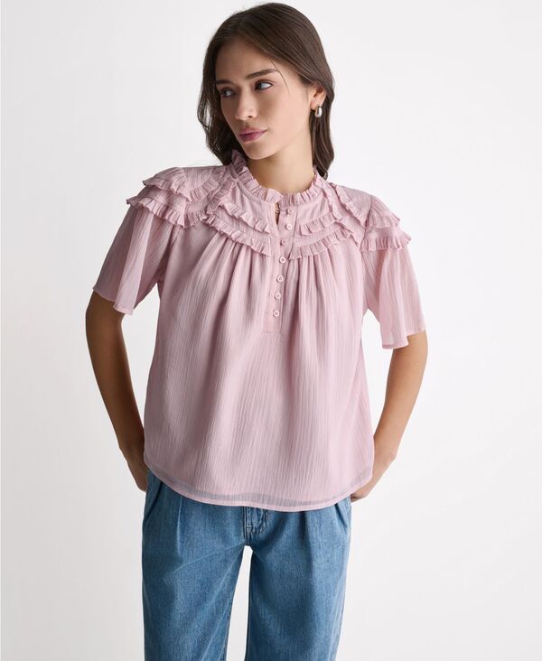 ビーシビージー レディース トップス シャツ クルーネック フリル 半袖 BCBG Women's Crewneck Short-Sleeve Ruffle Top Rosette｜ReVida 店 26,100円