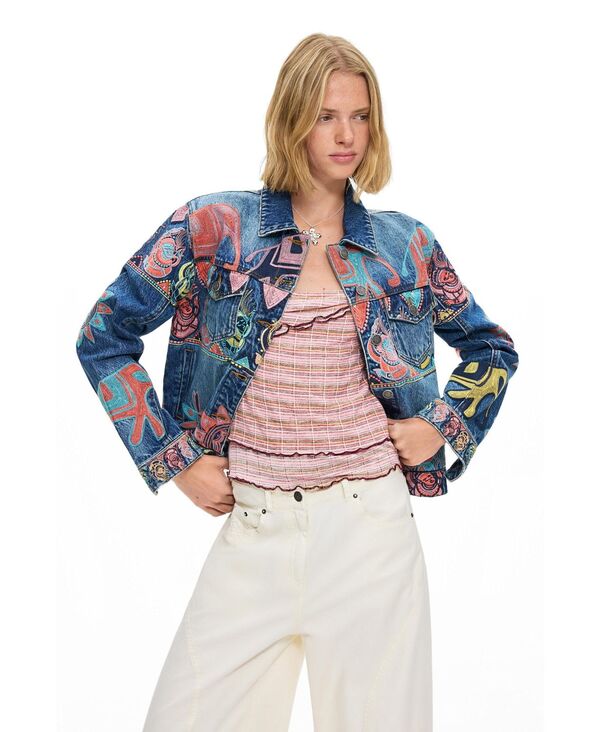 デジグアル レディース アウター ジャケット・ブルゾン プリント コットン Desigual Women's Printed Jacket 100% Cotton Medium blue ブルー|ReVida 店