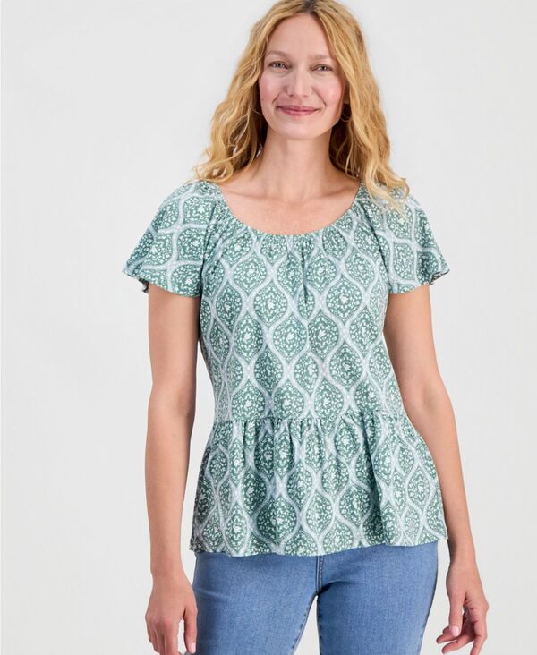 スタイルアンドコー レディース トップス シャツ プリント Style & Co Women's Printed Peplum Scoop-Neck Top Antique Sage セージ|ReVida 店
