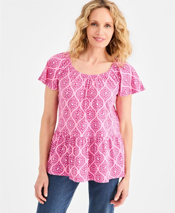 スタイルアンドコー レディース トップス シャツ プリント Style & Co Women's Printed Peplum Scoop-Neck Toperfect Pink ピンク|ReVida 店