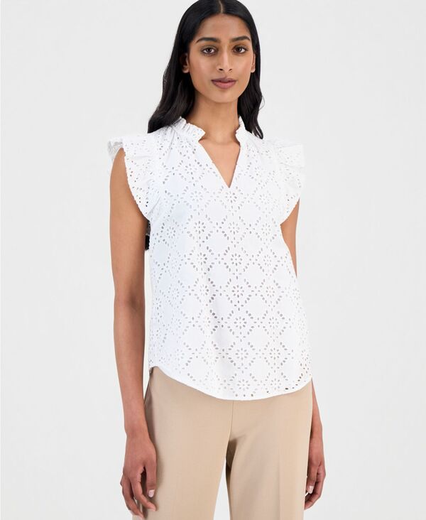 アンクライン レディース トップス シャツ コットン Anne Klein Women's Cotton Eyelet Flutter-Sleeve Top Bright White ホワイト|ReVida 店