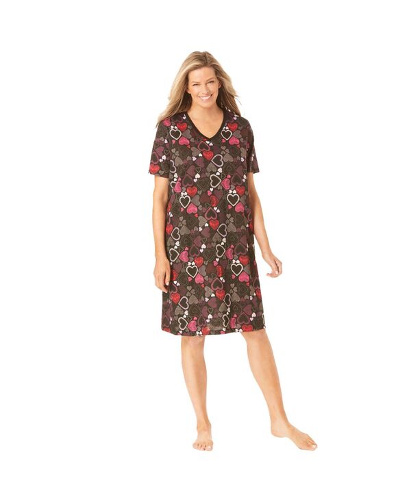 ドリームスアンドコー レディース アンダーウェア ナイトウェア Vネック シャツ コットン Dreams & Co. Women's Dreams and Co. V-Neck Short Sleeve Knee-Length Cotton Sleepshirt Black multi hearts ブラック|ReVida 店