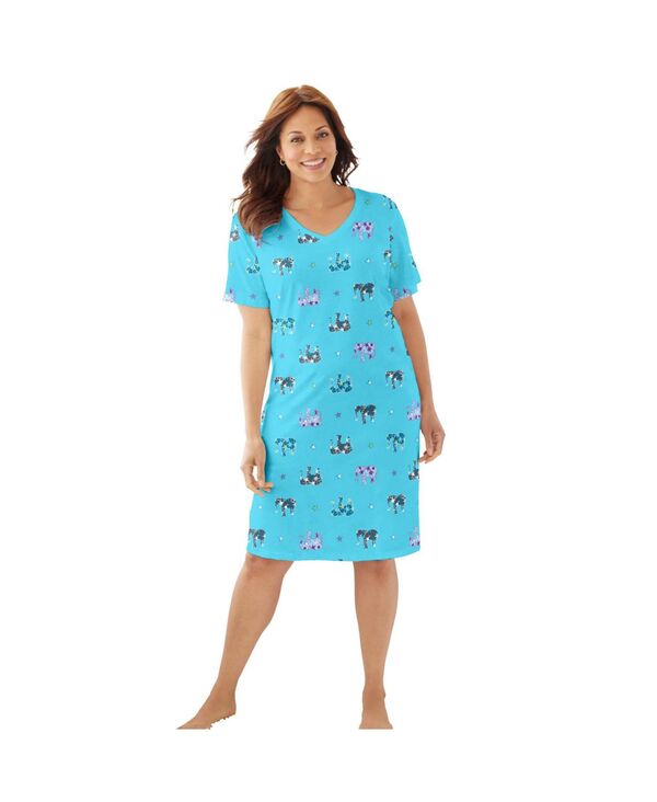 ドリームスアンドコー レディース アンダーウェア ナイトウェア Vネック シャツ コットン Dreams & Co. Women's Dreams and Co. V-Neck Short Sleeve Knee-Length Cotton Sleepshirt Caribbean bluelephant ブルー｜ReVida 店
