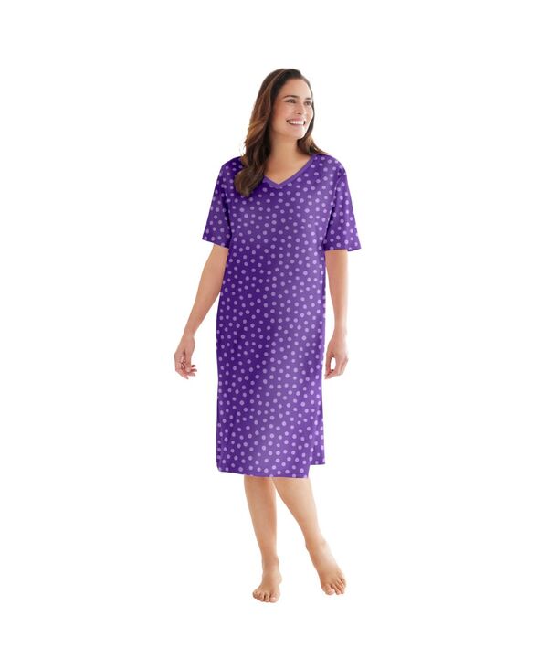 ドリームスアンドコー レディース アンダーウェア ナイトウェア Vネック シャツ コットン Dreams & Co. Women's Dreams and Co. V-Neck Short Sleeve Knee-Length Cotton Sleepshirt Plum burst dot プラム|ReVida 店