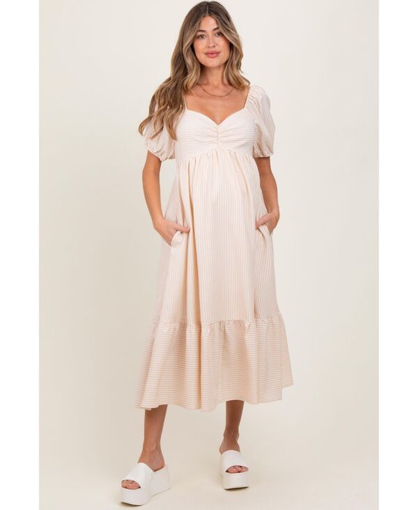 ピンクブラッシュ レディース トップス ワンピース ミディ シャーリング Pinkblush Women's Beige Sweetheart Stripe Smocked Back Midi Dress Beige ベージュ｜ReVida 店