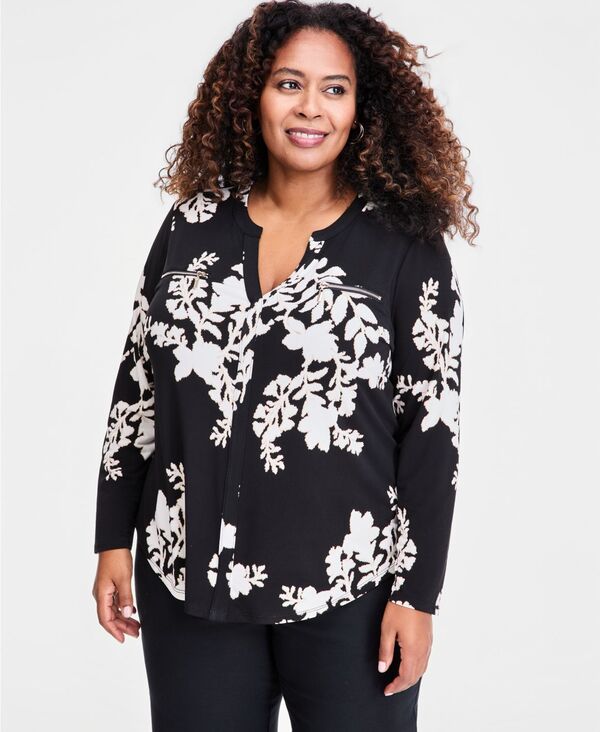 ジェイエムコレクション レディース トップス シャツ Vネック プラスサイズ 長袖 JM Collection Plusize Zip-Pocket V-Neck Long-Sleeve Top Deep Black ブラック|ReVida 店