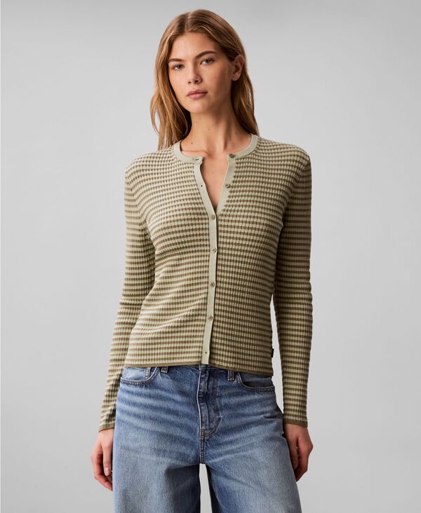 カルバンクライン レディース アウター ニット・セーター 長袖 Calvin Klein Women'striped Long-Sleeve Sweater Deep Lichen Green グリーン｜ReVida 店