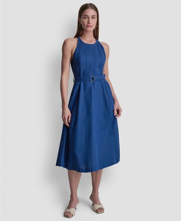 ダナ キャラン ニューヨーク レディース トップス ワンピース クルーネック ミディ ノースリーブ DKNY Women'sleeveless Crew Neck Belted Midi Dress Admiral｜ReVida 店