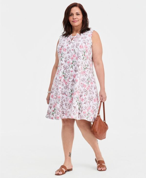 スタイルアンドコー レディース トップス ワンピース フラワー柄 プラスサイズ プリント レース フラワー Style & Co Plusize Floral-Print Lace-Up Dress Tulip Trance White ホワイト|ReVida 店