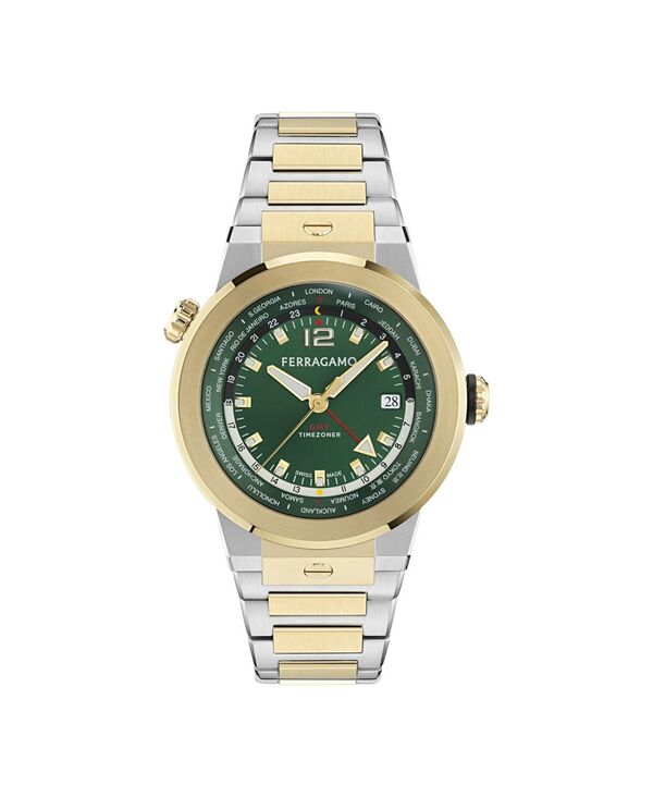 フェラガモ メンズ アクセサリー 腕時計 Tシャツ Ferragamo Men's F-80 GMT Worldtime Two-Tone Stainlessteel Bracelet Watch 43mm Two Tone｜ReVida 店