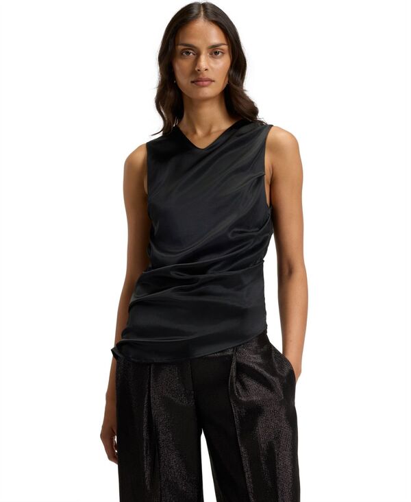 ヒューゴボス レディース トップス シャツ アシンメトリー シルク Hugo Boss by Women'stretch-Silk Asymmetric-Hem Top Black ブラック|ReVida 店