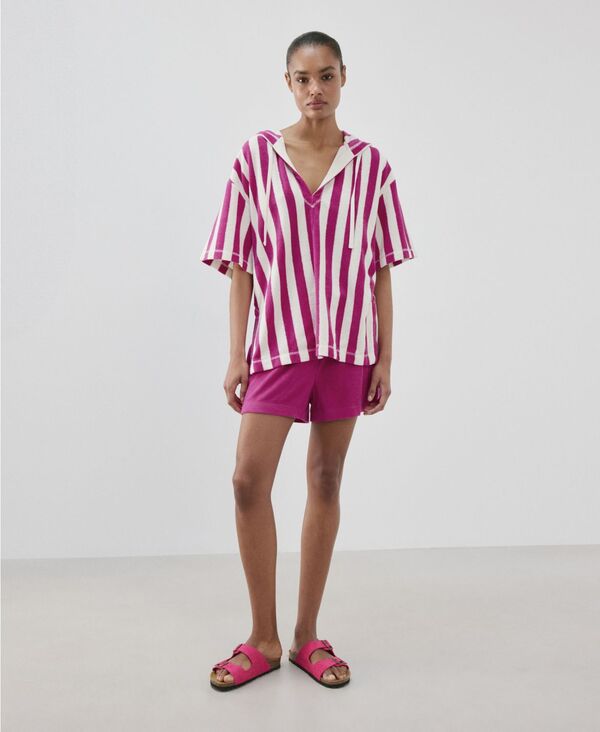 マンゴ レディース アウター パーカー・スウェット パイル シャツ コットン MANGO Women'striped Terry Cotton Sweatshirt Fuchsia フューシャ｜ReVida 店