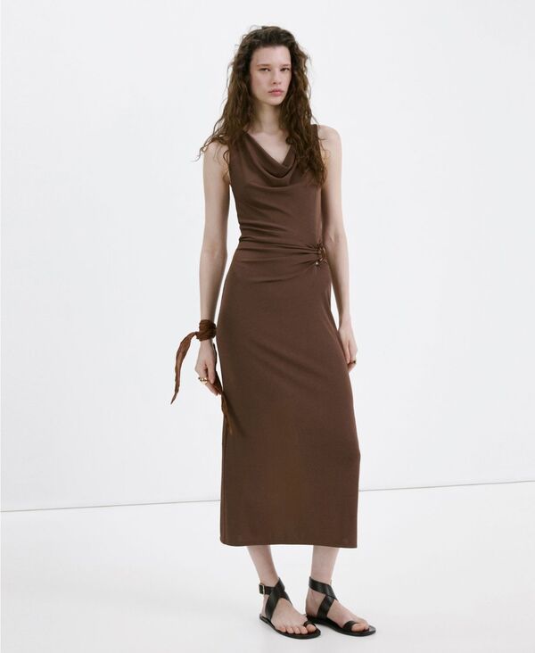 マンゴ レディース トップス ワンピース ドレープ MANGO Women'side Ruching Draped-Neck Dress Brown ブラウン|ReVida 店