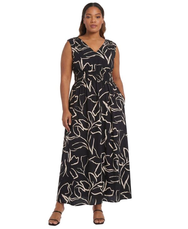 ロンドンタイムス レディース トップス ワンピース プラスサイズ プリント シャーリング London Times Plusize Smocked Waist Printedress Black.wht ブラック｜ReVida 店