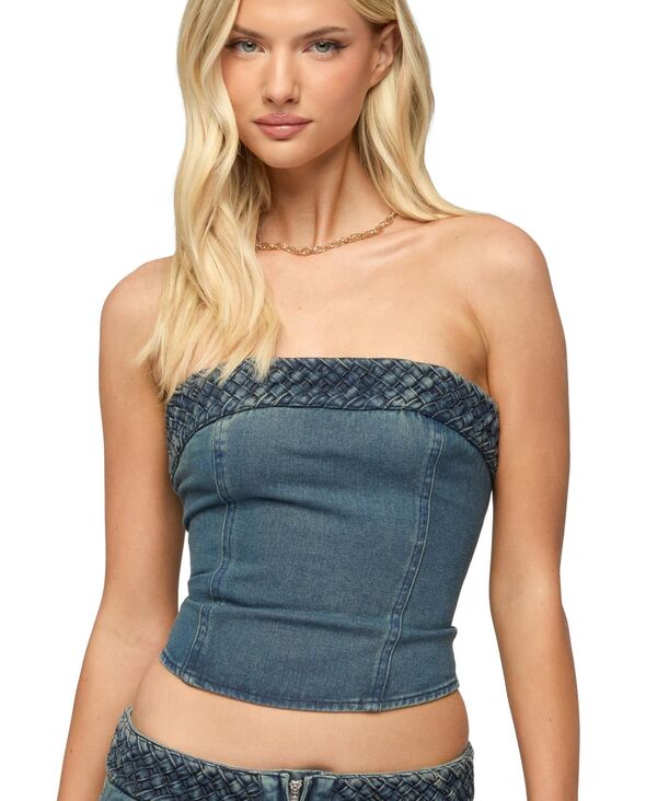 アディクテッド レディース トップス シャツ ストラップレス デニム Edikted Women's Braidey Strapless Denim Top Blue-washed ブルー|ReVida 店