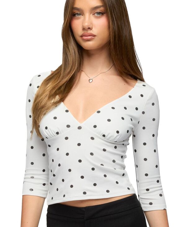 アディクテッド レディース トップス シャツ ドット柄 Vネック ドット Edikted Women's Katey V Neck Polka Dotop White-and-black ホワイト｜ReVida 店