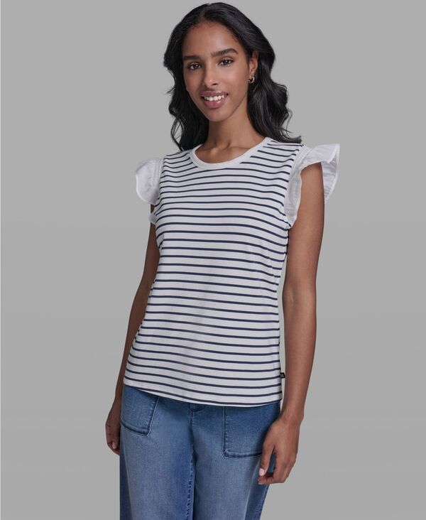 カール ラガーフェルド レディース トップス シャツ クルーネック ノースリーブ ニット KARLAGERFELD PARIS Women'sleeveless Crewnecknitted Top Soft White/navel Academy ホワイト｜ReVida 店