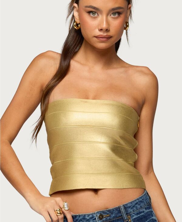 アディクテッド レディース トップス シャツ トール ニット Edikted Women's Cecilea Metallic Knit Bandage Tube Top Gold ゴールド｜ReVida 店