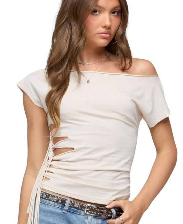 アディクテッド レディース トップス シャツ カットアウト Edikted Women's Rosa Off Shoulder Cutoutie Top Cream クリーム|ReVida 店