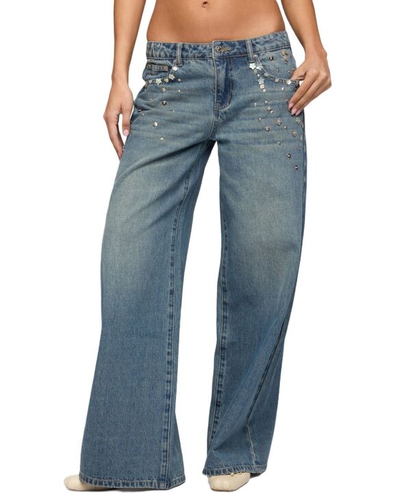 アディクテッド レディース ボトムス デニムパンツ ローライズ ジーンズ Edikted Women's Mahlia Button Low Rise Baggy Jeans Blue-vintage-washed ブルー｜ReVida 店