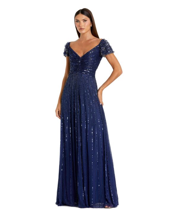 マックダガル レディース トップス ワンピース Vネック A ライン キャップ Mac Duggal Women's Beaded Cap Sleeve V-Neck A-Lineveningown Sapphire サファイア｜ReVida 店