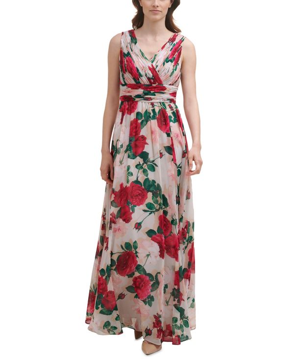 カルバンクライン レディース ワンピース トップス Floral Print Pleated Bodice Gown Hibiscus Pink Floral Collabforge Com