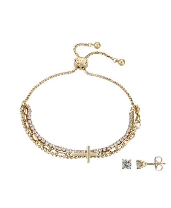 アンリトゥン レディース ブレスレット バングル アンクレット 従物 Gratitude Grace Gold Plated Cubic Zirconia Cross Bolo Bracelet And Earring Set 2 Piece Gold Tone Flash Plated Simplylettering Co Uk