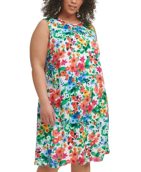 カルバンクライン レディース ワンピース トップス Plus Size Floral Print Trapeze Challis Dress White Emb Multi Fitolab Com Br