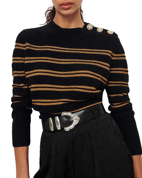 バッシュ レディース ニット セーター アウター Kahel Striped Button Shoulder Sweater Black 即納 大特価