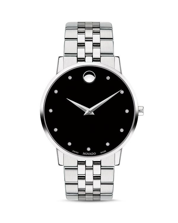 モバド レディース アクセサリー 腕時計 Tシャツ Movado Museum Classic Stainless Steel Diamond-Index Watch 40mm Black/Silver ブラック