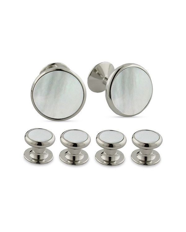 デイビッドドナヒュー メンズ アクセサリー カフスボタン David Donahue Mother Of Pearl Inlay Stud & Cufflink Set Silver シルバー