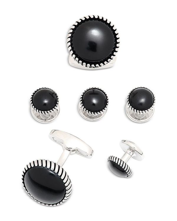 リンクアップ メンズ アクセサリー カフスボタン LINK UP Onyx Inlay Rhodium Plated Round Stud & Cufflink Set Black ブラック
