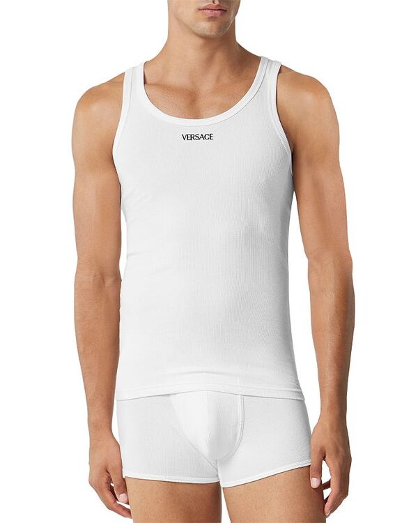 ヴェルサーチ メンズ トップス 貯蔵タンクとっ始め 肋筋 綿織物 刺しゅう ロゴタイプ Versace Cotton Blend Ribbed Logo Embroidered Tank Optical White 白いこと