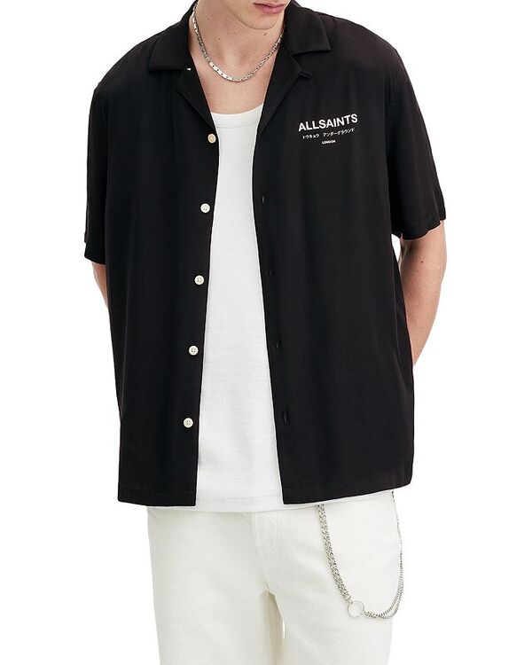 オールセインツ メンズ トップス シャツ レギュラーフィット ALLSAINTS Underground Regular Fit Camp Shirt Jet Black ブラック|ReVida 店