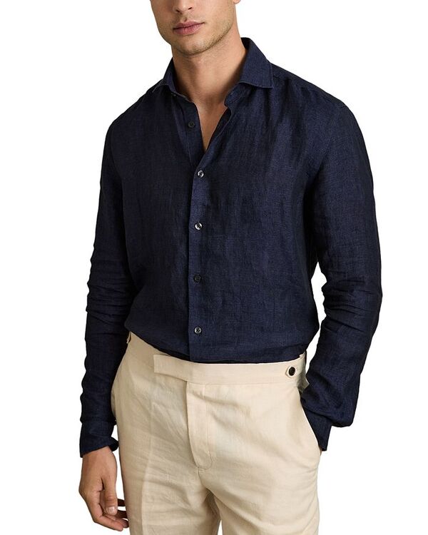 レイス メンズ トップス シャツ スリムフィット リネン REISS Linen Slim Fit Shirt Navy ネイビー