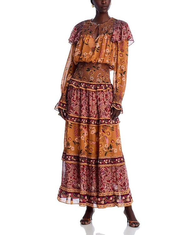 ファーム レディース トップス ワンピース マキシワンピース シャーリング マキシ FARM Rio Smocked Long Sleeve Maxi Dress Colorful Birds Camel キャメル