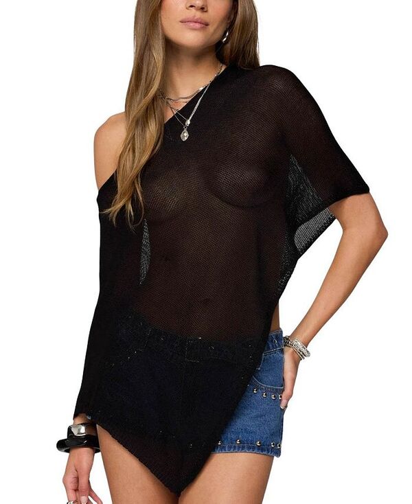 アディクテッド レディース トップス シャツ アシンメトリー ニット Edikted Azalia Asymmetric Knit Top Black ブラック｜ReVida 店