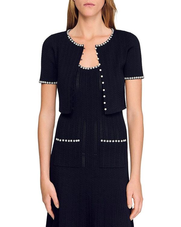 サンドロ レディース アウター カーディガン クロップド Sandro Cropped Beaded Cardigan Black ブラック