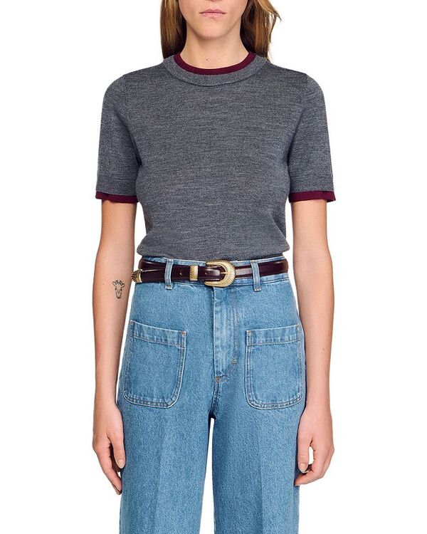 サンドロ レディース アウター ニット・セーター セーター クロップド Sandro Two Tone Cropped Short Sleeve Sweater Grey グレー