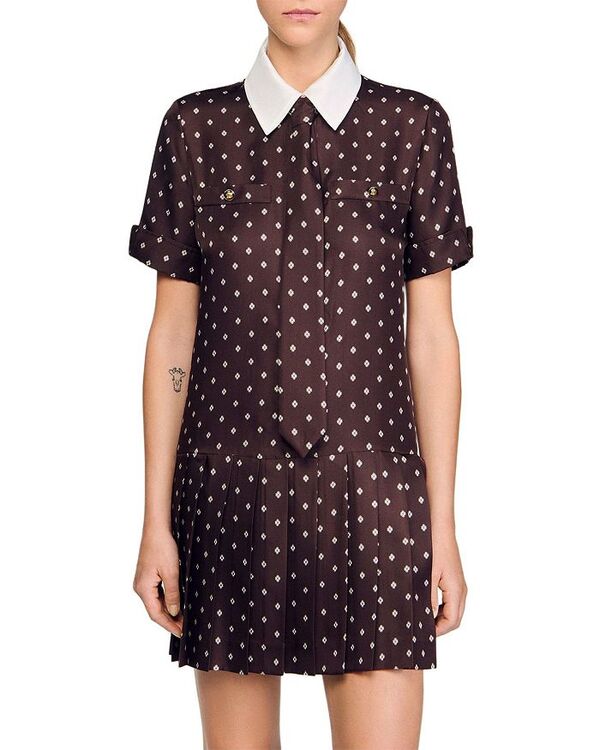 サンドロ レディース トップス ワンピース ミニワンピース プリント ミニ Sandro Printed Mini Dress Brown White ホワイト