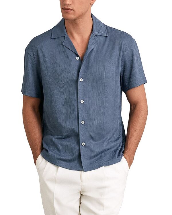 レイス メンズ トップス シャツ レギュラーフィット ボタンダウン ダウン REISS Stripe Jacquard Regular Fit Button Down Short Sleeve Cuba Shirt Airforce Blue ブルー