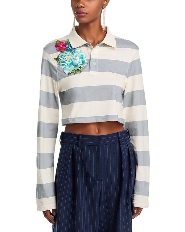領域 レディース トップス スポーツシャツ 刺しゅう AREA Embroidered Flower Rugby Stripe Crop Polo Cream/Grey 皮膚軟化剤