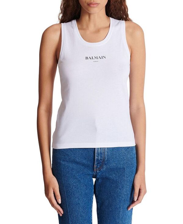 バルマン レディース トップス タンクトップ プリント Tank Top with Balmain Print White ホワイト
